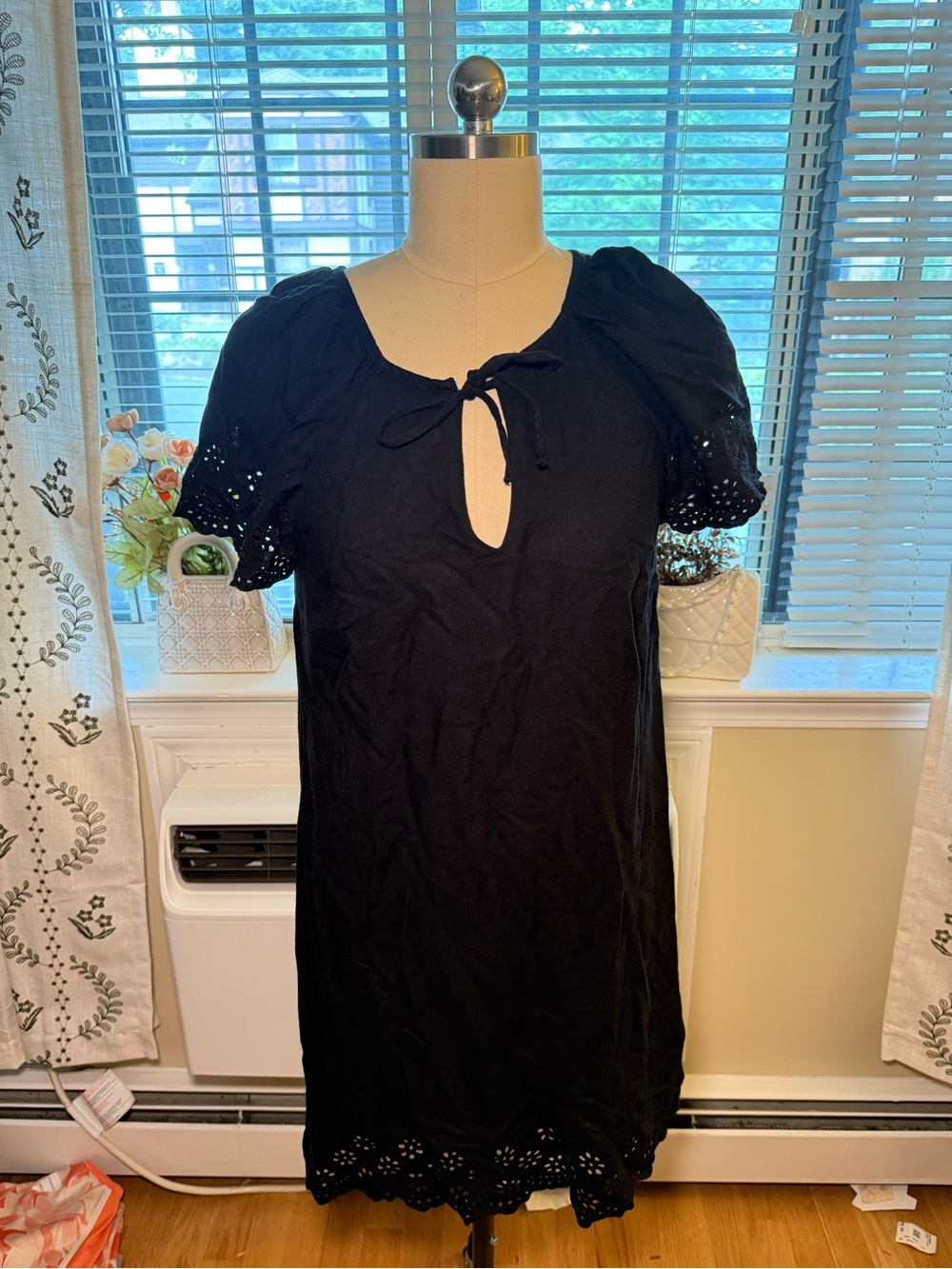 Old Navy Black Eyelet Tie-Neck Mini Dress